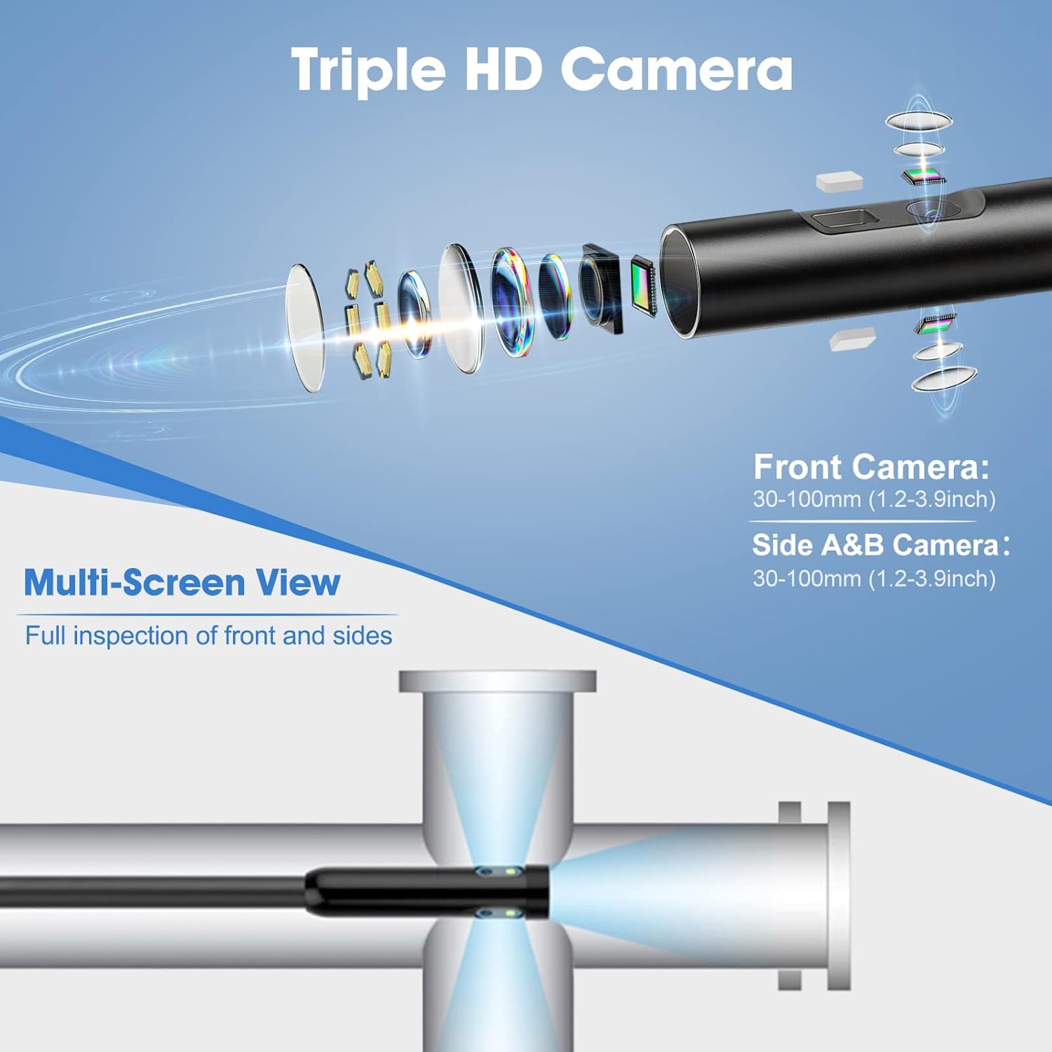 Hiacinto Triple Lens Endoscope Camera, 5 Inch IPS Screen Borescope Inspection Camera, IP68 Waterproof Snake Camera with 8 LED Lights and 32GB Card, 16.5ft Semi-Rigid Cable