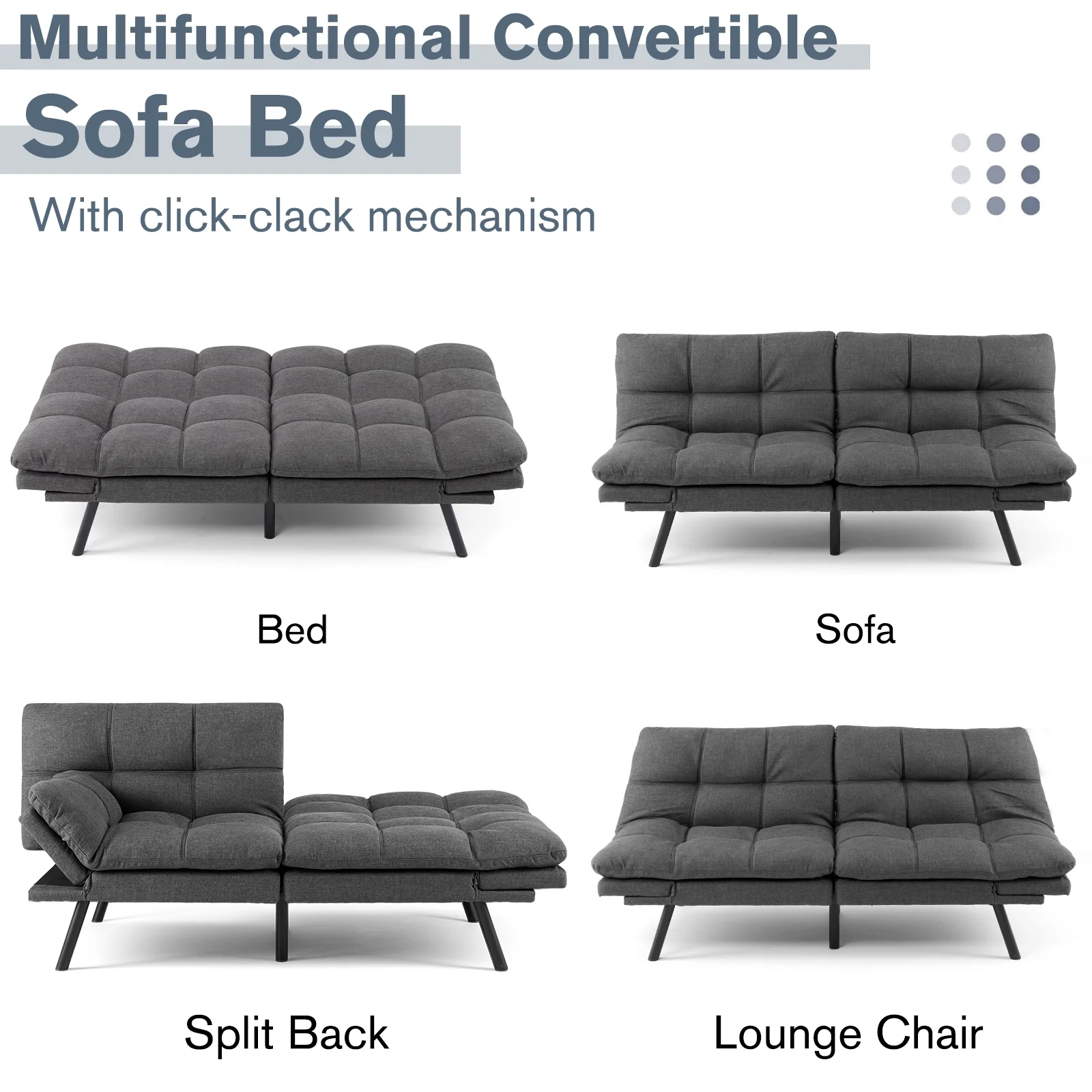 Futon Sofa Bed, Convertible Futon Sofa Memory Foam Double Sofa Bed with Adjustable Backrest and Armrests for Apartments, Dorms, Guest Rooms and Offices, Gray