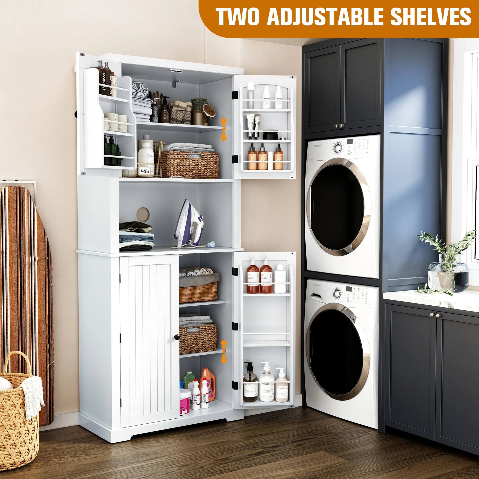 HLR 72" Kitchen Pantry Storage Cabinet, White Kitchen Hutch Cabinet with Microwave Stand, Freestanding Larder Cupboard，Utility Pantry with Doors and Shelves for Dining Room, Living Room, Laundry