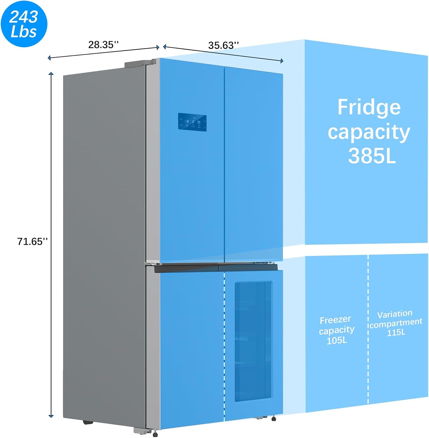 36 Inch Large Capacity French Door Refrigerator, 21 cu.ft Refrigerator with 4 Doors & Wine Cabinet, Dual Ice Maker, Adjustable Glass Shelves