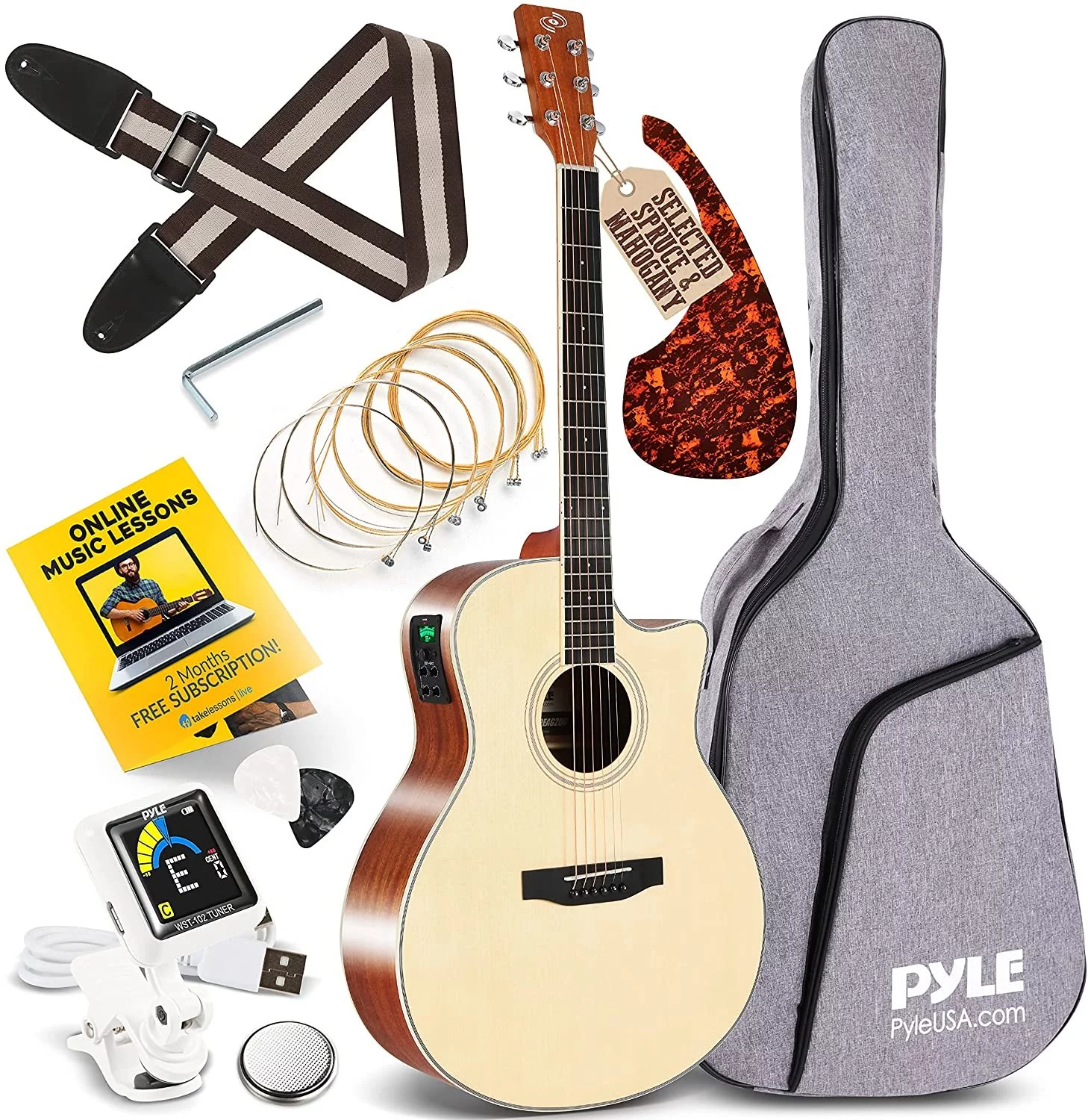 Pyle Premium Electric Acoustic Guitar w/Spruce Top and Mahogany Sides - Full Size Standard Dreadnought Cutaway Natural Matte Finish w/Full Starter Kit Gig Bag, 4-Band EQ, Rechargeable Clip Tuner - Curated Treasures Market