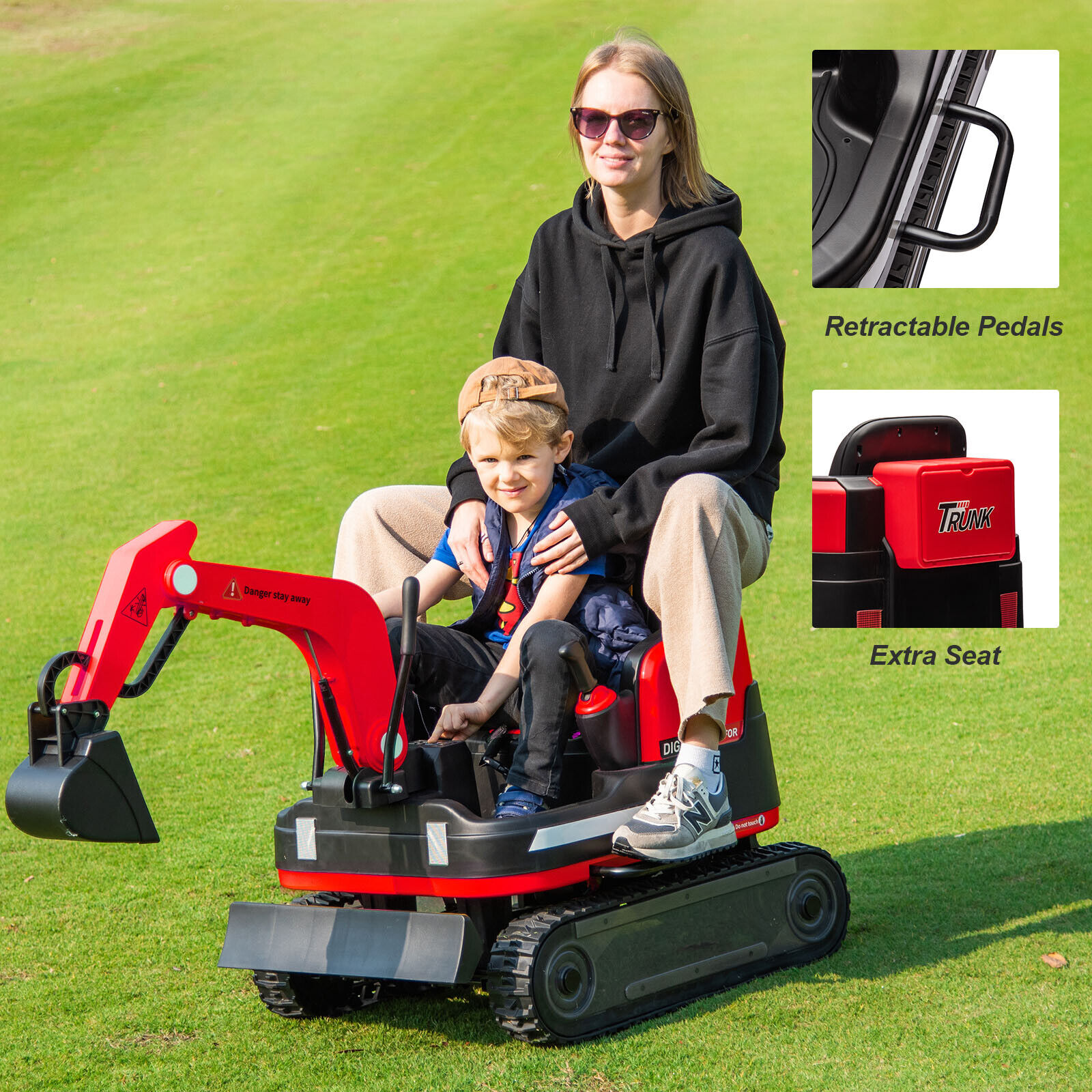 JOYLDIAS Kids 12V Electric 360 Degree Rotating Ride On Excavator and Bulldozer with Track Design Wheels, Remote Control, MP3, Toolbox (Red) - Curated Treasures Market