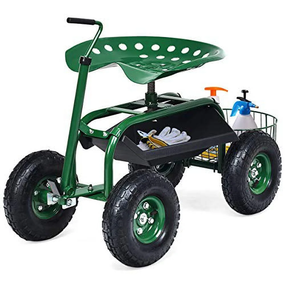 Rolling Garden Cart with Seat, Heavy Duty Gardening Scooter w/ Wheels, Storage & Extendable Steering Handle, Garden Work Seat for Planting, Green - Curated Treasures Market