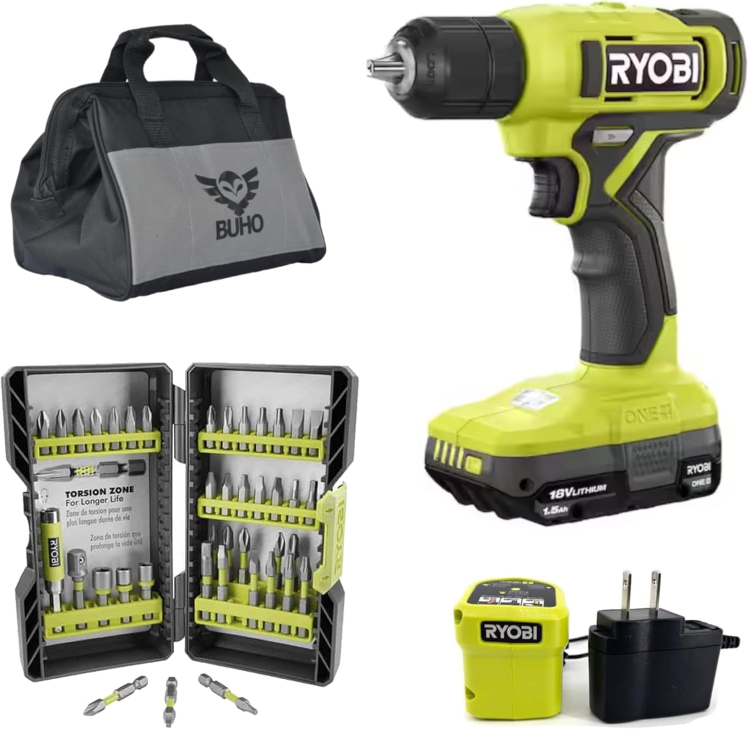 Cordless Drill Set Bundle with Ryobi 18V ONE+ Drill Driver, 3/8 Inch Chuck, 40 Piece Drill Bit Set, 1.5 Ah 18-Volt Lithium-ion Battery, 18-Volt Charger and Buho 16 Inch Tool Bag