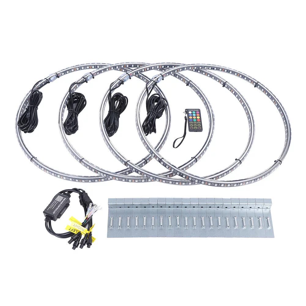 4Pcs 17.5'' Double Row LED Wheel Lights RGB Ring Rim Lamp Fit Car Truck Bluetooth