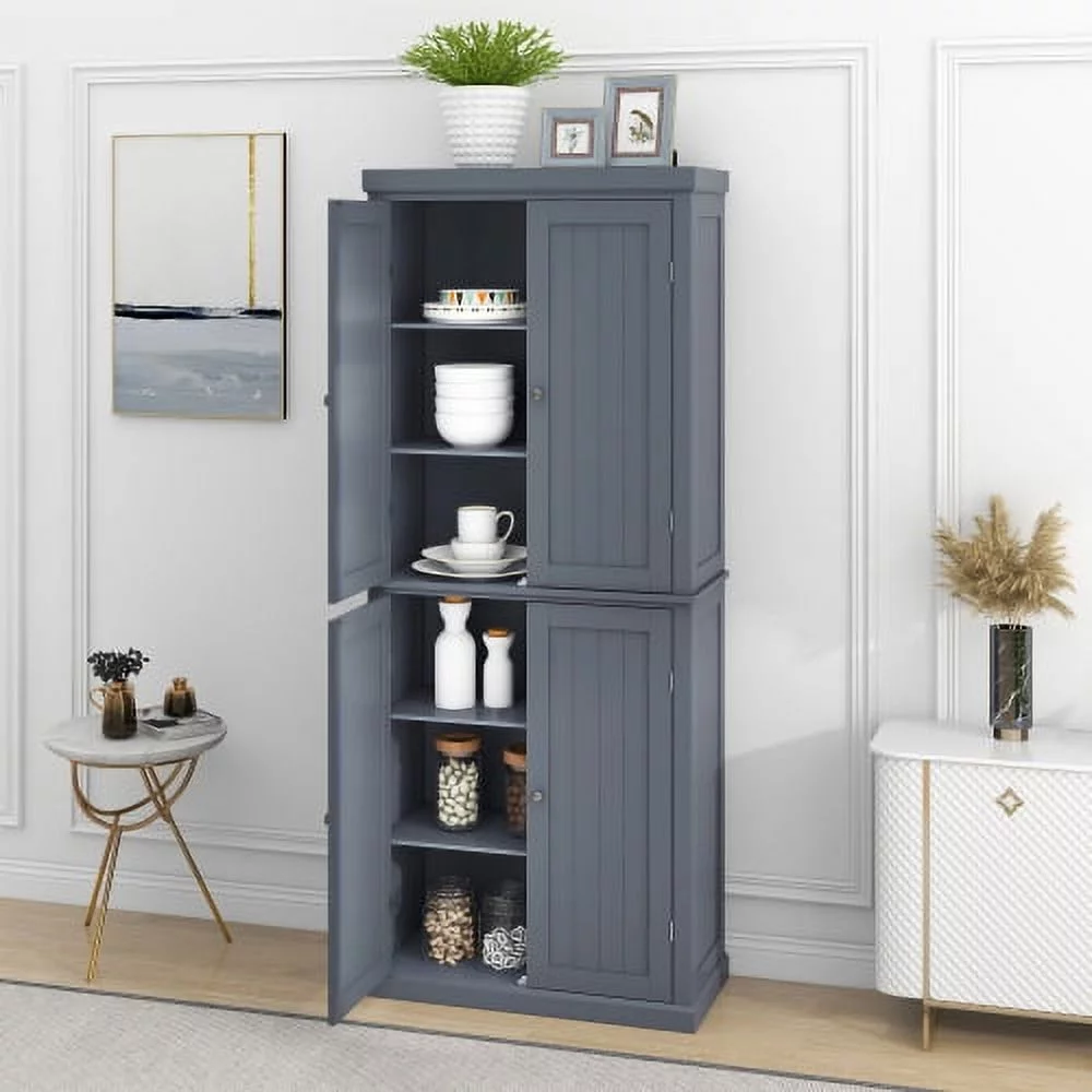 Freestanding Tall Kitchen Pantry, 72.4" Minimalist Kitchen Storage Cabinet Organizer with 4 Doors and Adjustable Shelves,Gray - Curated Treasures Market