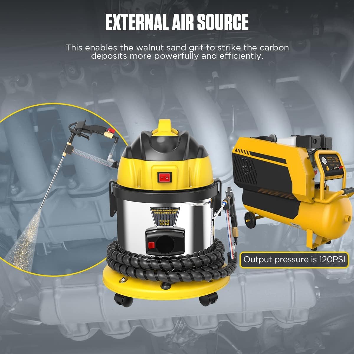 Walnut Sand DE-Carbon Cleaner HTS558 Walnut Blaster Cleaner Automotive Valvetronic System Carbon Deposition Cleaning Engine Intake Pipe Valve Clean Machine 110V/220V