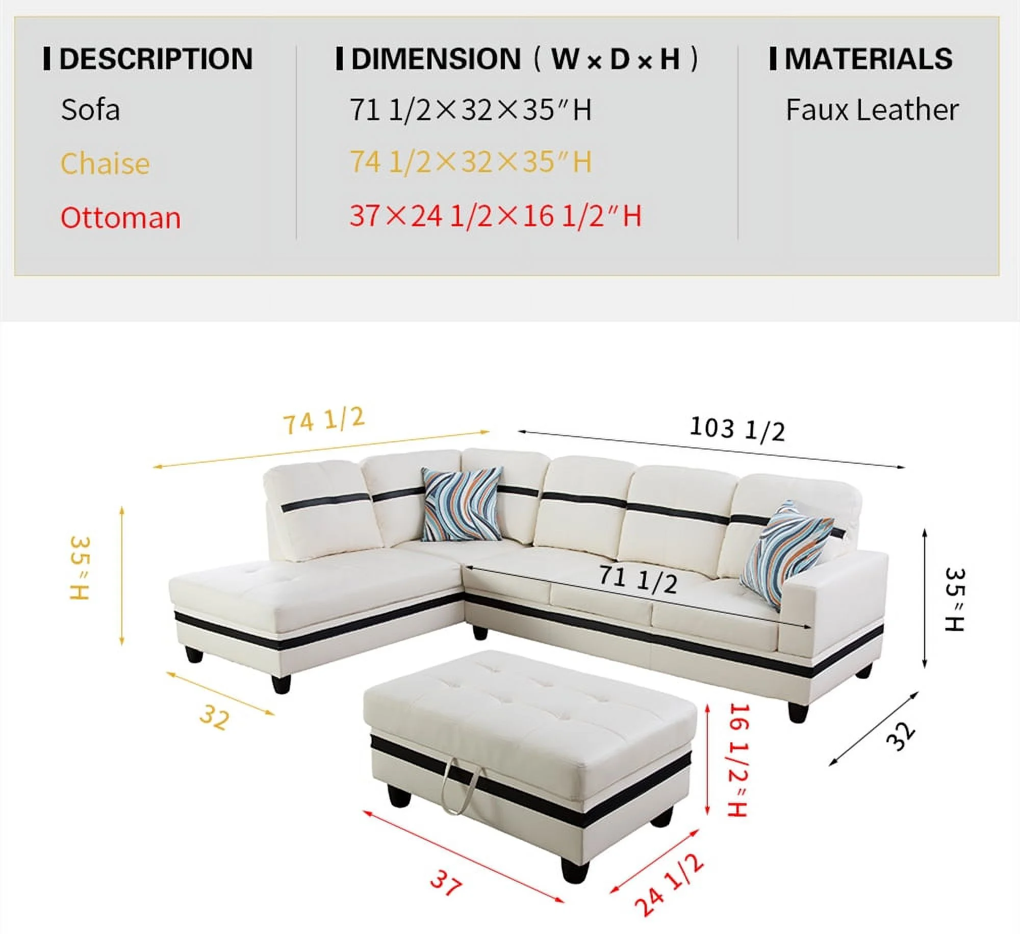 PonLiving Furniture Callie 103.5'' Sectional Sofa with Storage Ottoman, Left & Right Hand Facing, Leather Upholstered