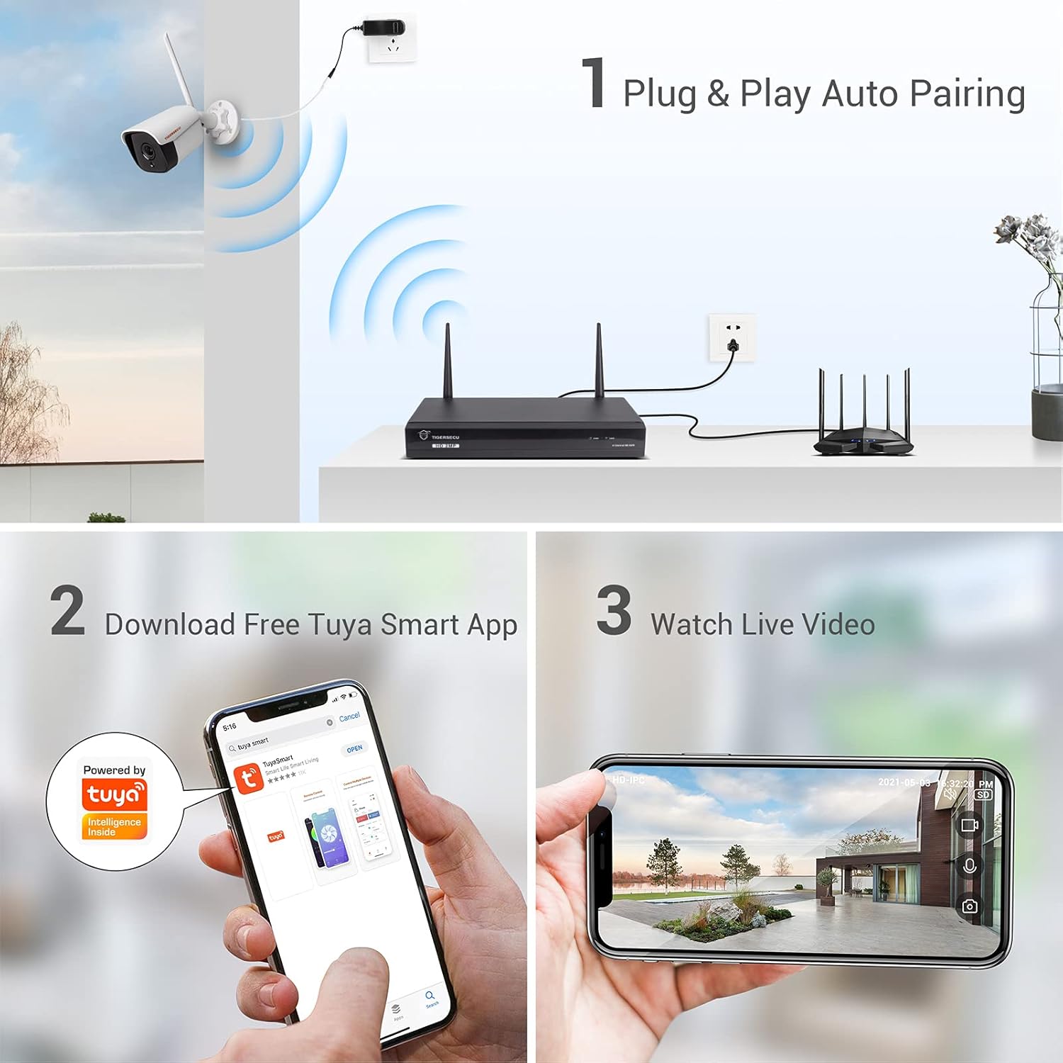 TIGERSECU 1080P WiFi NVR Security Camera System with Two Way Audio, 1TB Hard Drive, H.265+ 8 Channel NVR with 4 1080P Wi-Fi IP Cameras for Indoor/Outdoor Use
