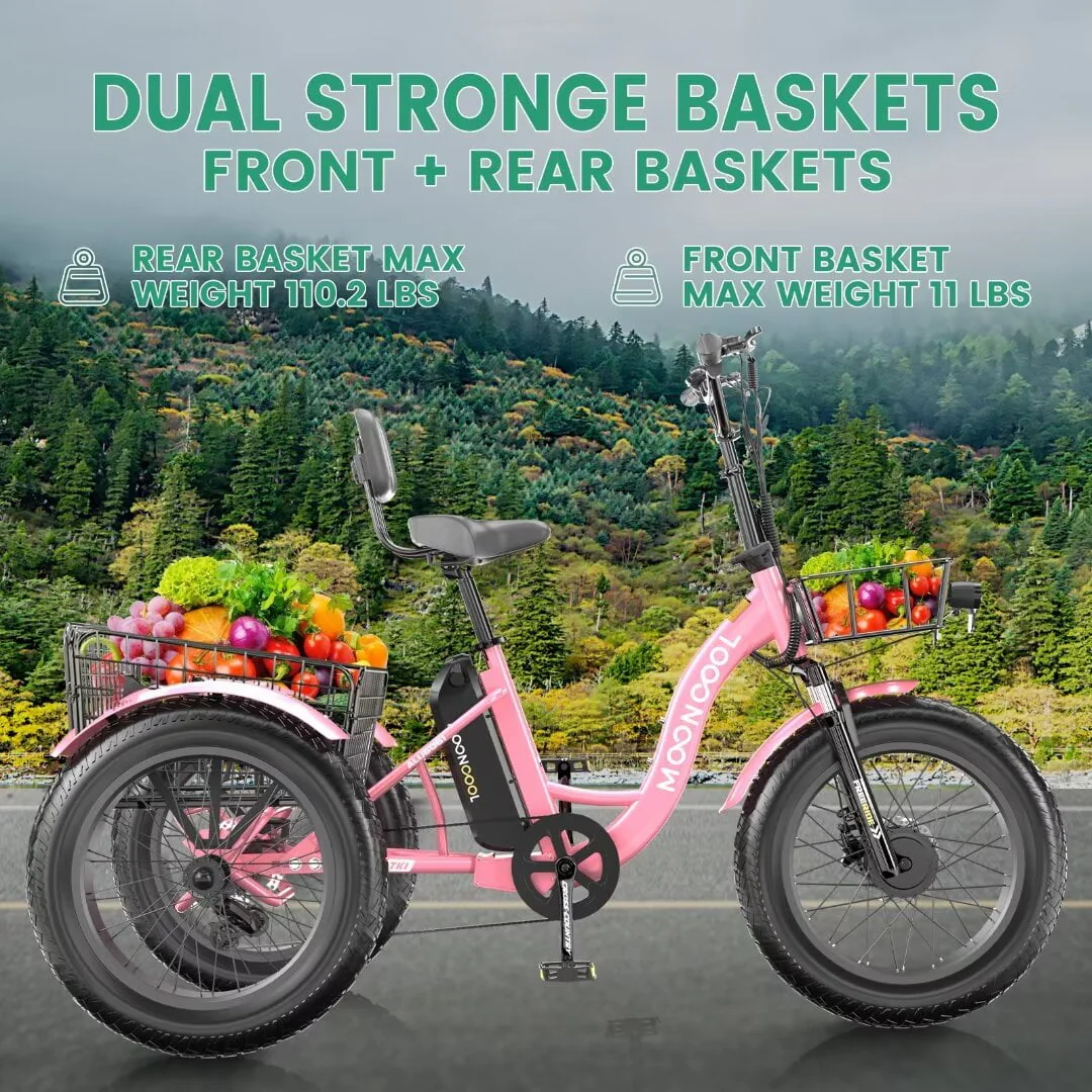 NAIZEA 20 Electric Trike Tricycle for Adults, 7 Speed Fat Tire Electric Trike, 3 Wheels Bike for Adults with Front and Rear Baskets, Lithium Battery UL Certified