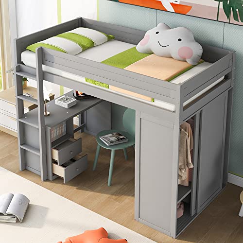 Full Size Loft Bed with Storage Wardrobe and Desk Wooden Loft Beds Frame with Drawers and Cabinet Wood High Loft Beds with Ladder for Kids Teens Adults, White