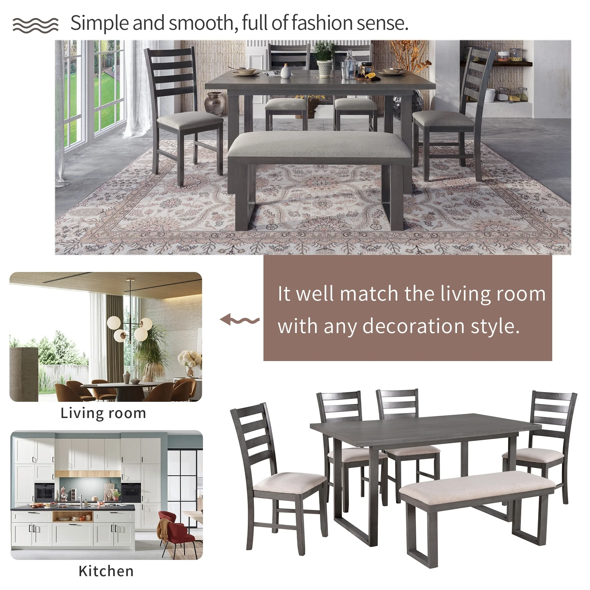 6-Piece Solid Wood Dining Set - Rectangular Table, 4 Chairs, and Bench in Gray - Contemporary Style for Family Gatherings