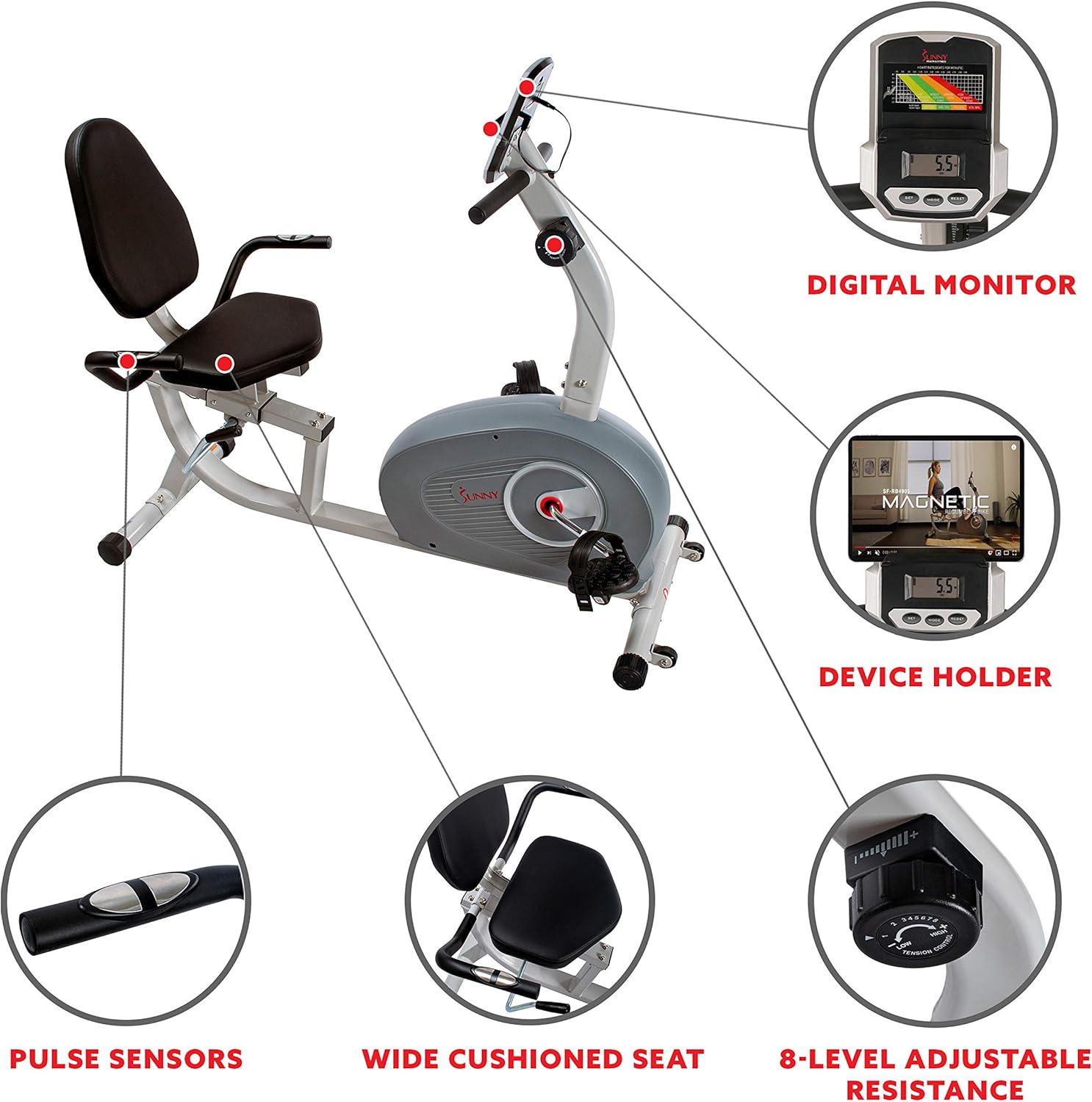Sunny Health & Fitness Magnetic Recumbent Exercise Bike