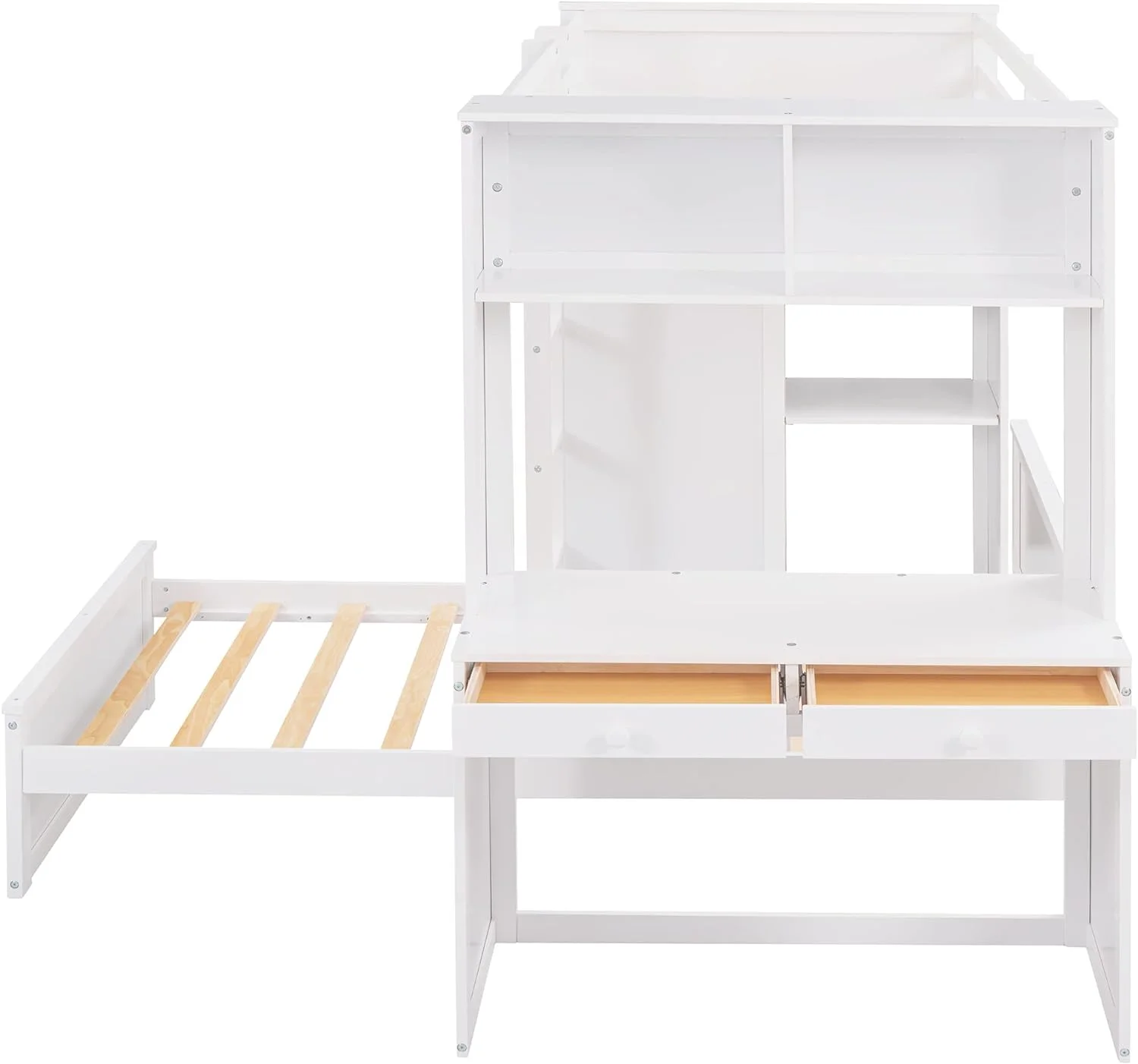 Over Bunk Beds With Desk And Drawers, Wooden Size Loft Bed Removable Wardrobe Shelves Storage Ladder Guardrails For Kids White