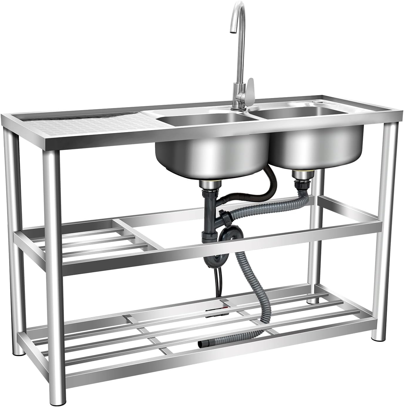 Commercial Stainless Steel Sink Free Standing Utility Sink 2 Compartment Commercial Restaurant Kitchen Sink w/Workbench Outdoor Utility Sink for Garage Restaurant Kitchen 47.2x17.5x31.5in
