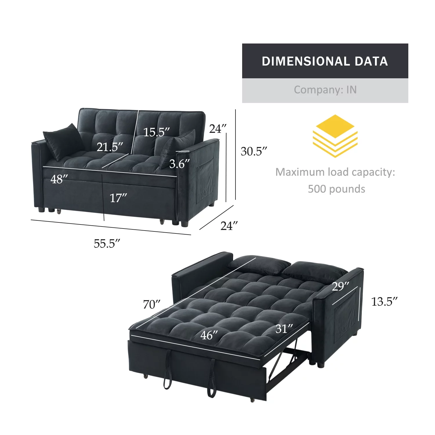 Tzicr 55.5'' 3-in-1 Convertible Sleeper Sofa Bed, Modern Velvet Loveseat Futon Couch Pullout Bed with Adjustable Backrest, Side Storage Pockets and Pillows. (Black) - Curated Treasures Market