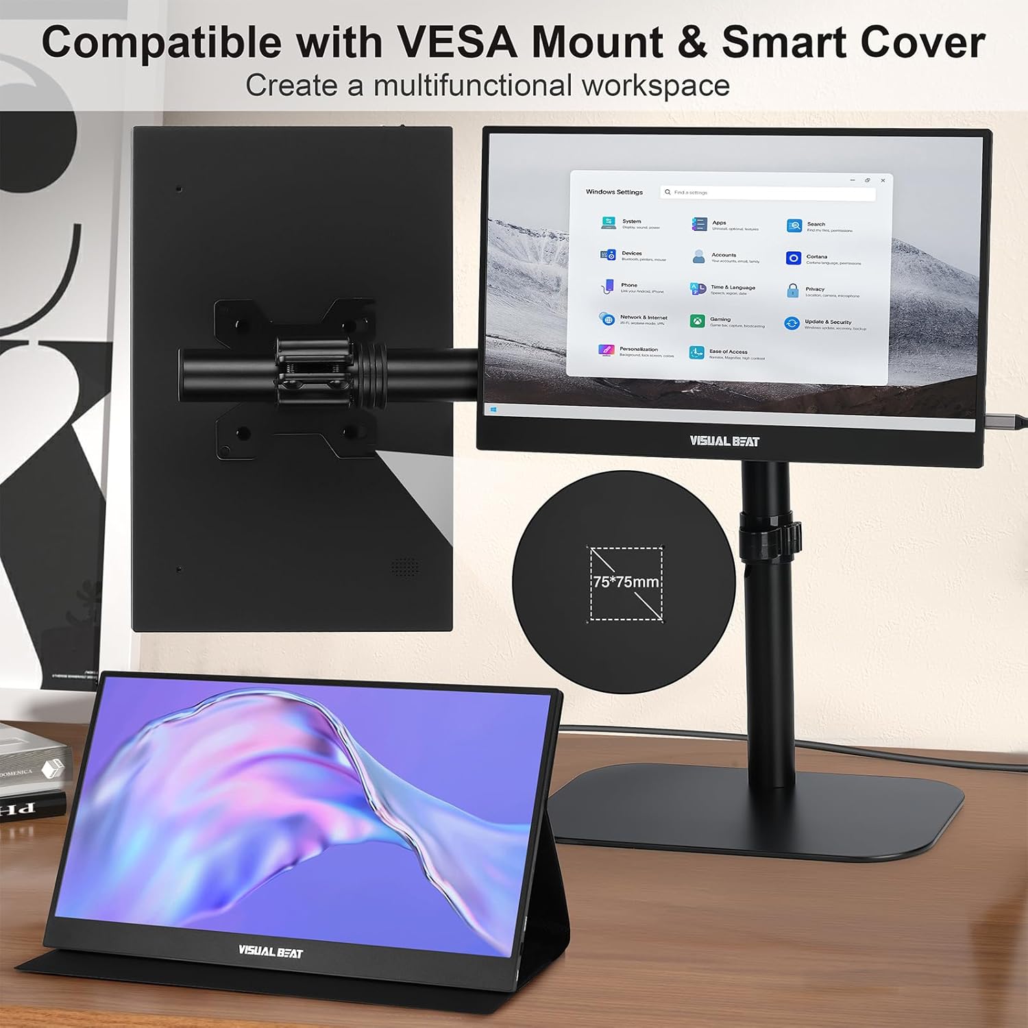 Portable Monitor 15.6inch 1080P FHD USB-C HDMI Computer Display IPS HDR VESA w/Smart Cover Dual Speakers for Laptop PC Mac Phone PS4/5 Xbox Switch