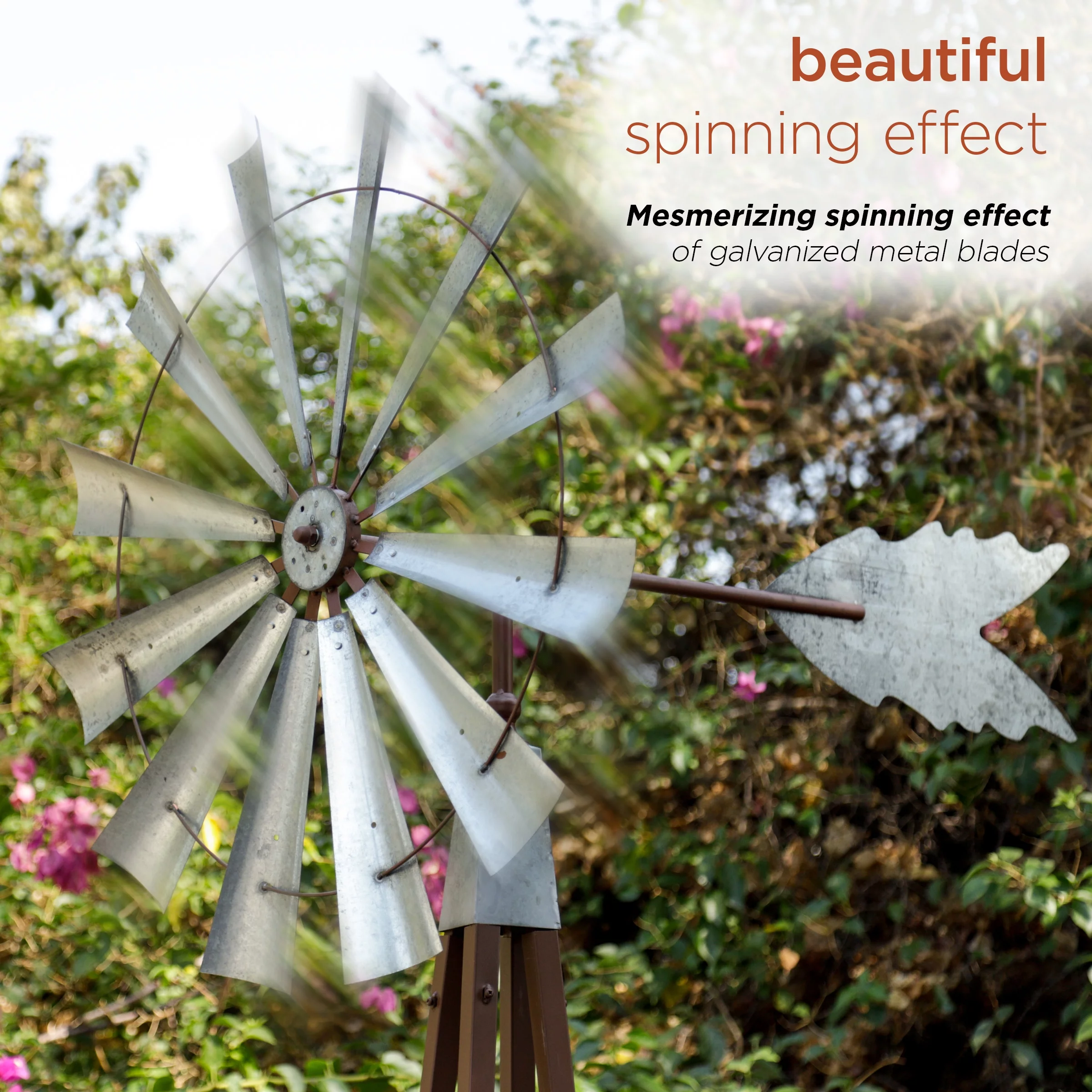 Alpine Corporation 32" x 38" x 101" Galvanized Metal Kinetic Windmill, Silver/Brown