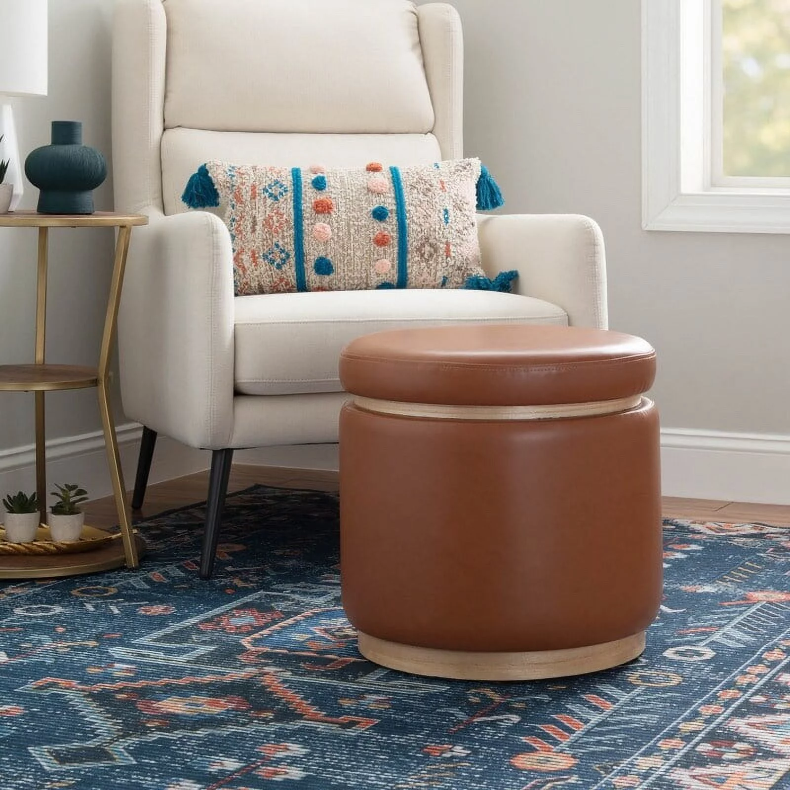 Linon Rue Faux Leather Round Storage Ottoman Caramel