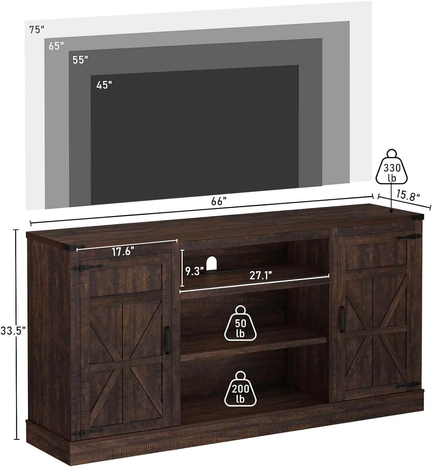 Chvans Farmhouse Barn Door TV Stand for up to 65 TVs /23 Electric Fireplace, Entertainment Center Console Table with Adjustable Shevles(58)