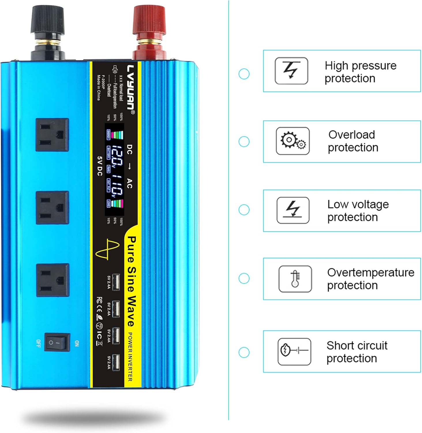 LVYUAN Pure Sine Wave Inverter 1600 Watts Inverter 12V to 110V DC to AC with Remote Controller, LCD Display 4 AC Sockets and 4 USB Ports for Car Truck Solar Power (PSW1600W-GREEN)