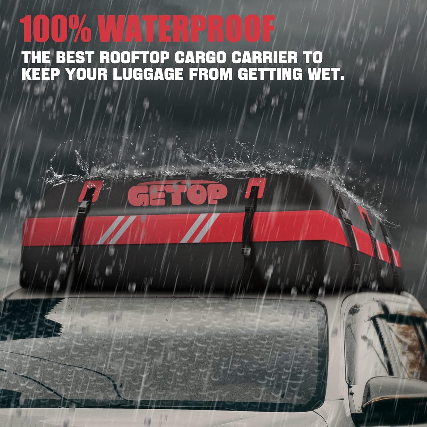 21 Cubic Feet Rooftop Cargo Carrier Bag Waterproof,GETOP 730D Car Roof Bag Heavy-Duty Soft-Shell for All Car with/Without Rack,with Non-Slip Mat, 6 Door Hooks，Lock，Storage Bag(Red)