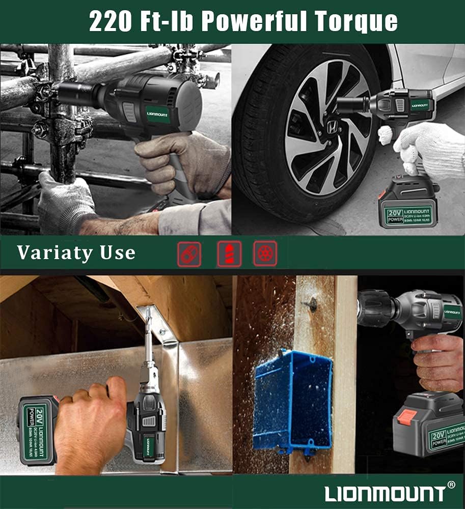 Cordless Impact Wrench, Lionmount 20V 1/2'' Brushless Electric Impact Driver Set, Max Torque 220 Ft-lb (300 N.m), 4400 RPM, Tool Case, Impact Sockets