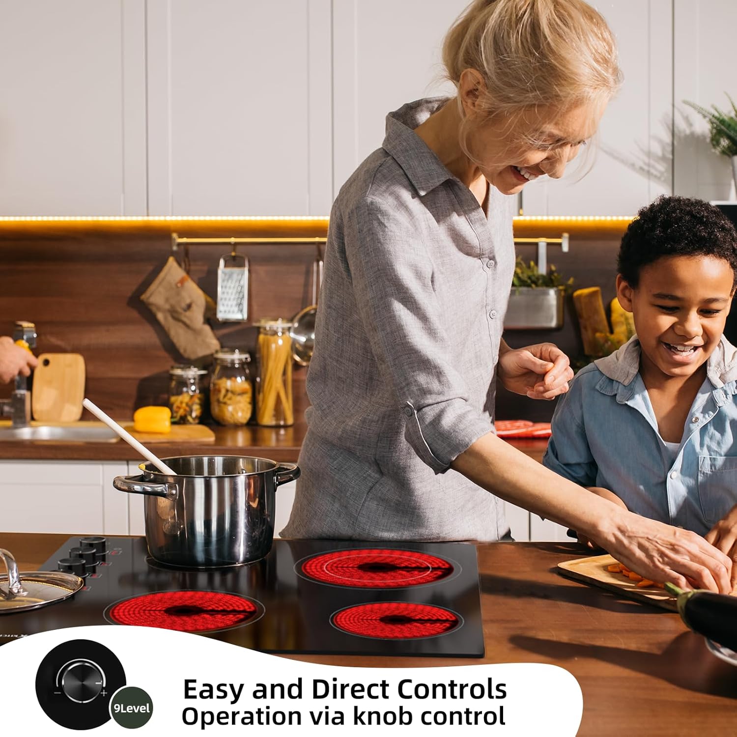 Electric Cooktop 24 inch Ceramic Stove 4 Burners Built-in Electric Stove 220-240V Electric Ceramic cooktop in Black, Control by Knob/Child Lock/9 Power Levels/Timer