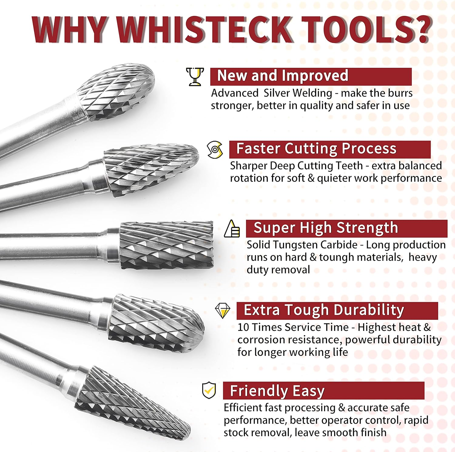 WHISTECK Carbide Burrs Set, 10 Pcs Double Cut Solid Tungsten Carbide Rotary Burr Set, 1/4 Inch Shank Die Grinder Bits, Rotary File for Die Grinder Metal Carving, Polishing, Engraving, Drilling