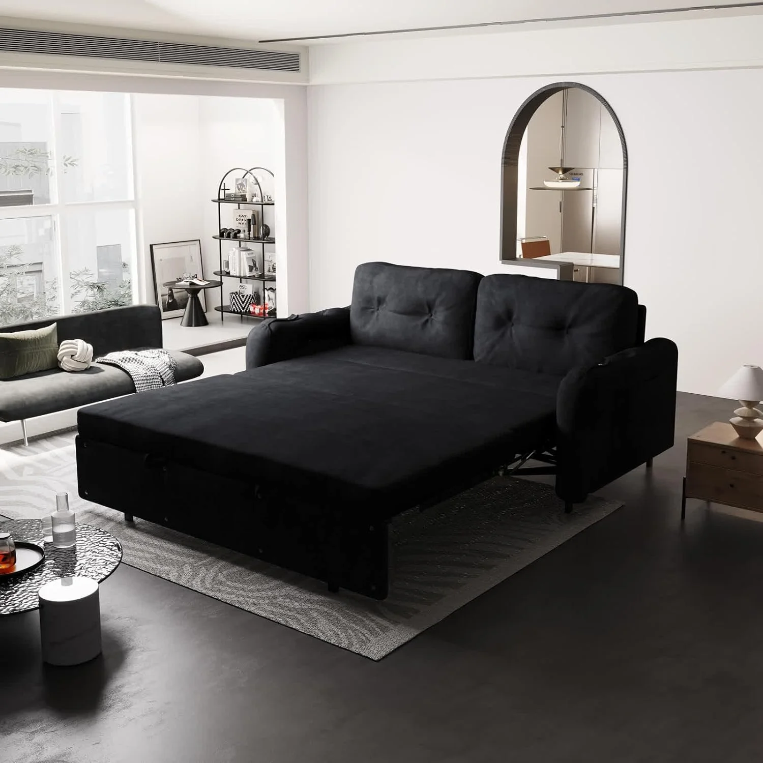 66.2" Sleep Sofa Bed Queen Size, Hydraulic System Pull Out Couch Bed, Sleeper Sofa  Loveseat with 2 Pillows, Modern Velvet Upholstered Couch for Living Room, Small Space, Apartment, Bedroom, Black - Curated Treasures Market