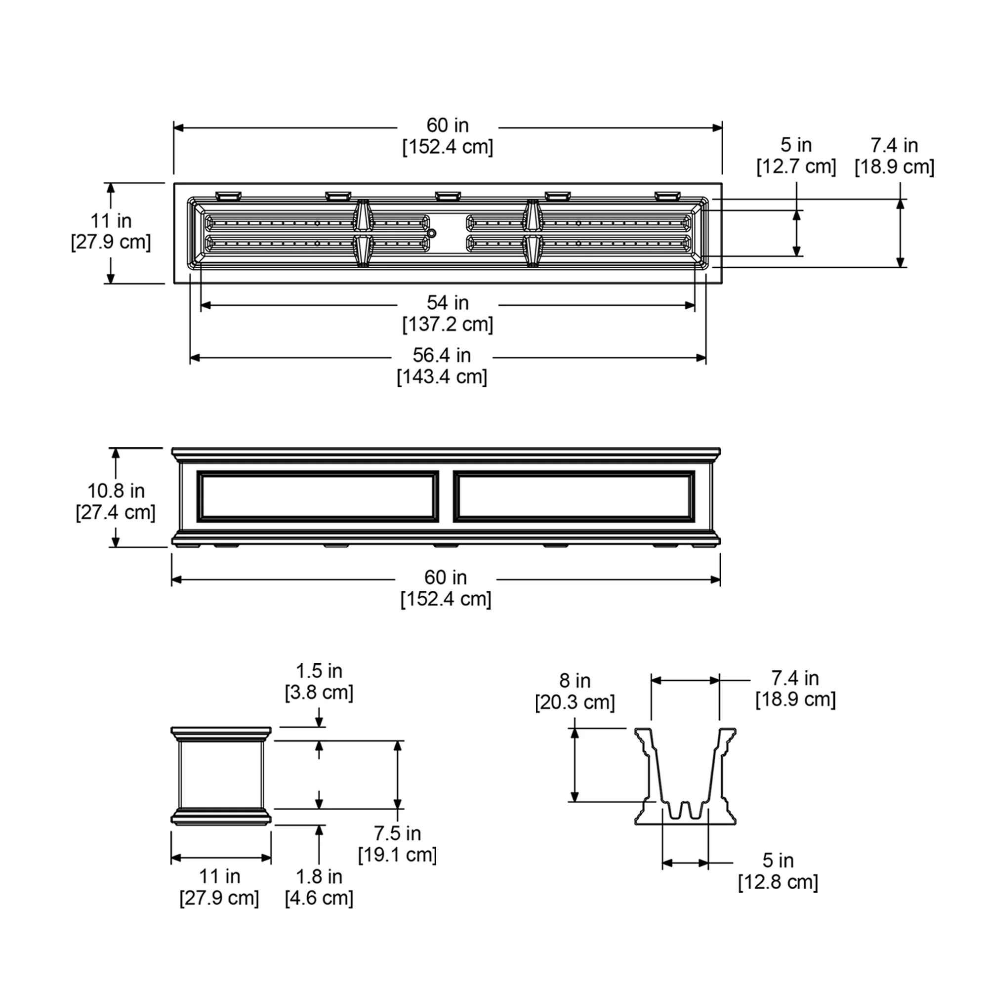 Mayne Fairfield 60" x 11" x 10.8" Rectangle Black Self-Watering Polyethylene Window Box Planter