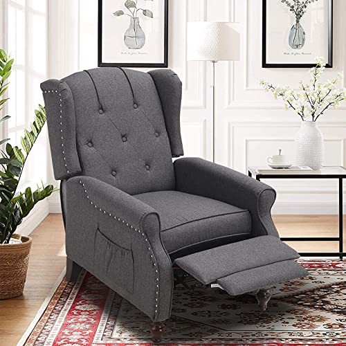Wingback Recliner Chair with Massage and Heat, Tufted Fabric Pushback Recliner Chair, Wingback Chair with Remote Control, Padded Cushion, Wooden Legs, Small Recliners for Small Spaces