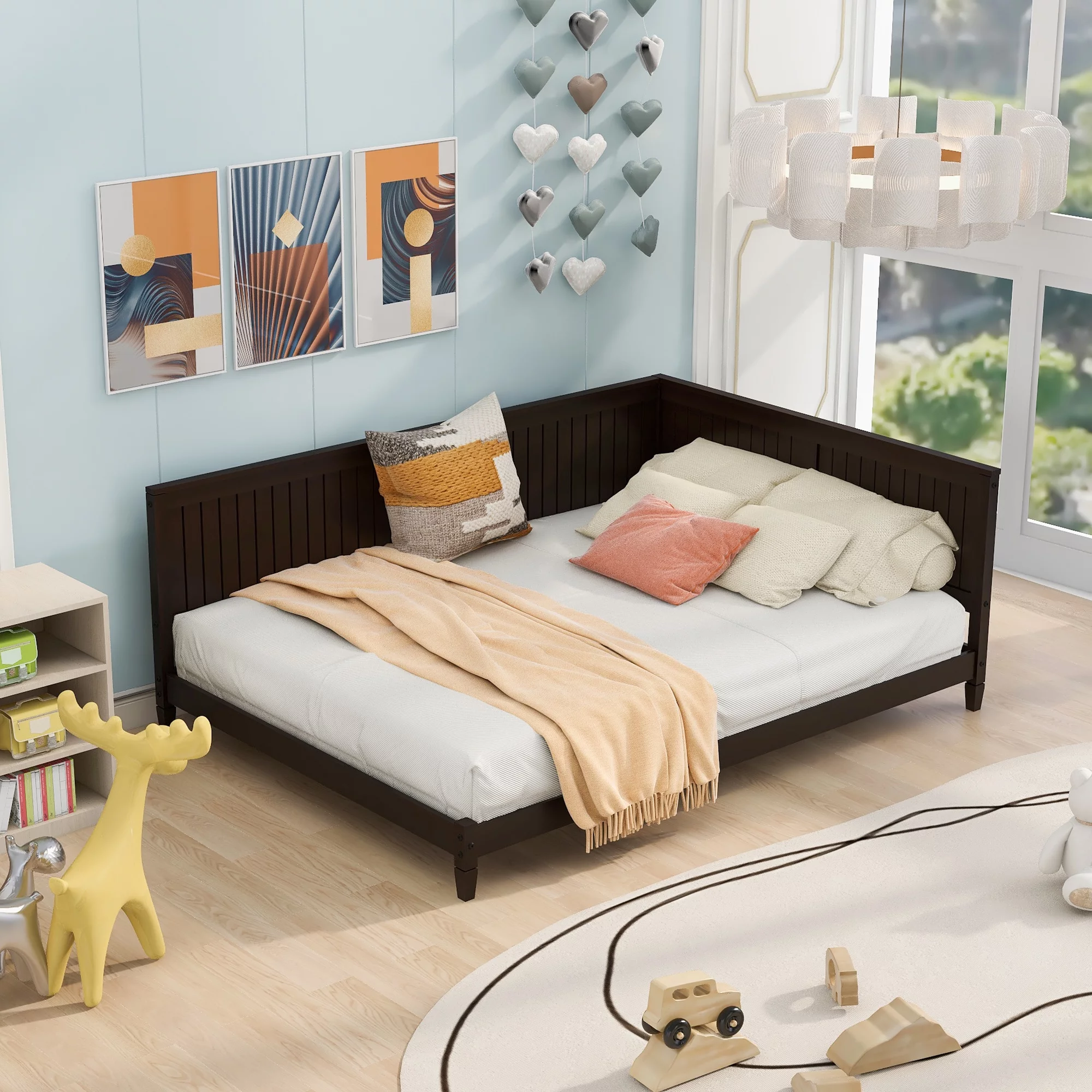 Sesslife Espresso Daybed, Full Size Solid Wood Sofa Bed Frame for Kids Teens Adults, Modern L-shape Daybed with Wooden Slats, No Box Spring Needed, 600lbs Capacity