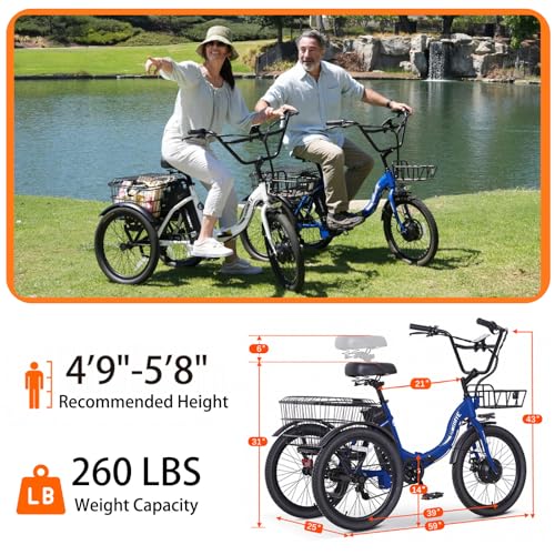 Electric Tricycle 20" 3 Wheels Electric Trike for Adults Women Men | Folding, Electric Bicycle Bikes, 350W, Step-Thru, Etrike, 374WH, Removable Battery, Large Basket