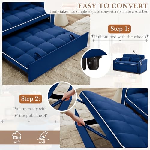 Convertible Sleeper Sofa Bed, 3 in 1 Velvet Pull Out Loveseat Couch Modern Comfy Futon Sofa with Adjustable Backrest & Phone Holder & USB Charging Space Saving for Living Room, Small Apartment, Grey