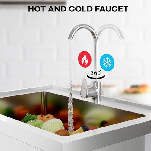 Stainless Steel Free-Standing Utility Sink, Single Bowl Freestanding Laundry Sink with Faucet, Drainboard, Storage, Hot & Cold Water Plumbing for Restaurant, Workshop, Home, 24x20x41 in