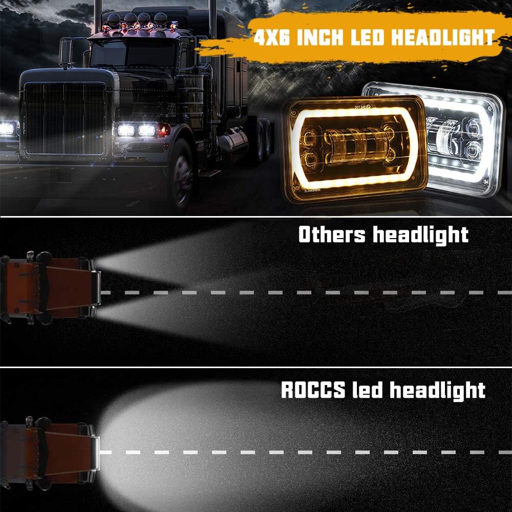 ROCCS PAIR 4x6 led Headlights with White/Amber Halo Sealed Beam For Trucks Chevro FD Freightliner Peterbil Kenworth Pick-up 4"x6" Replacement H4651 H4652 H4656 H4668 H6545 Pack of 2