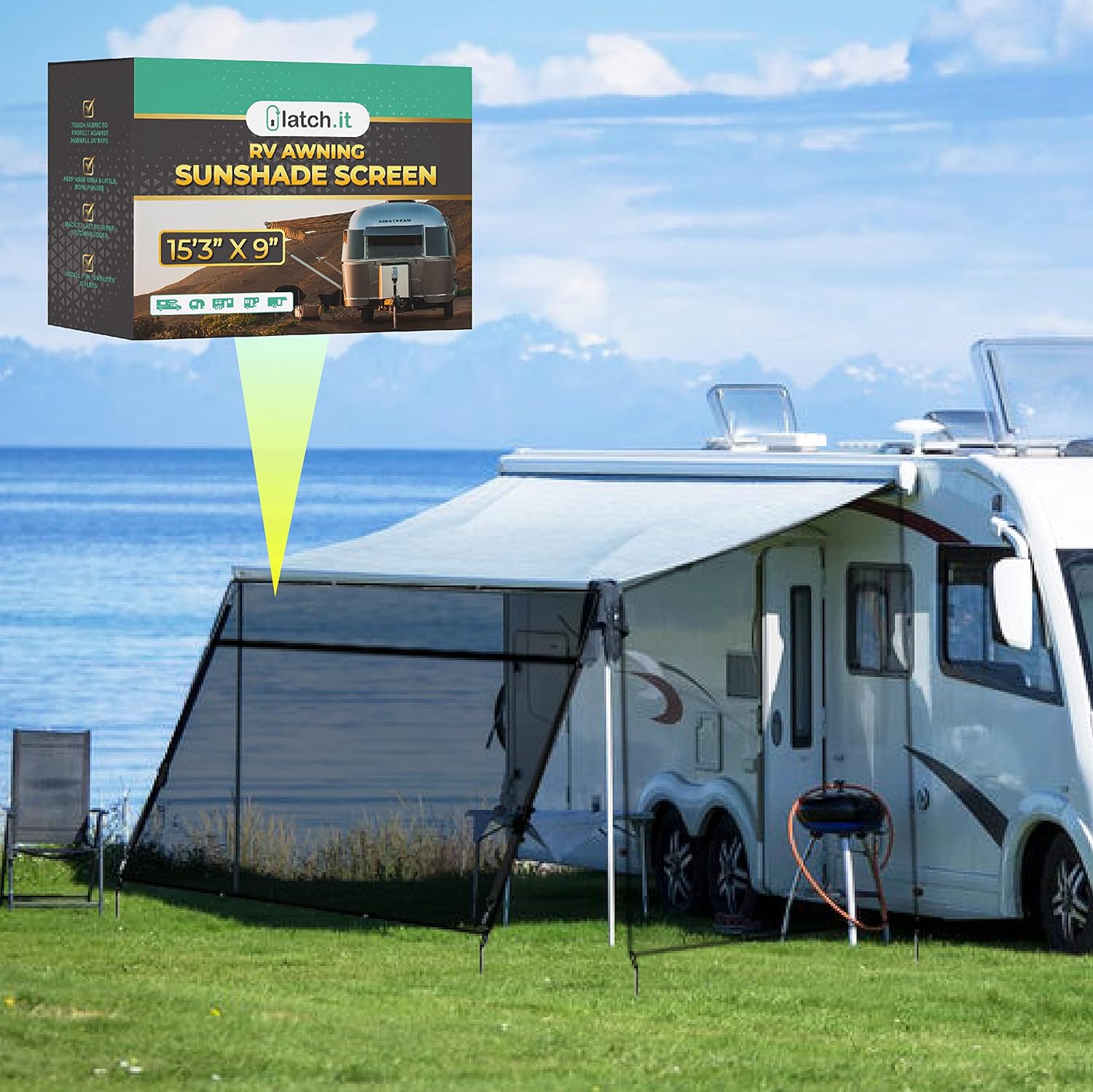 LATCH.IT RV Awning Shade Screen 7x9’ | Side RV Awning Screen | Mesh Awning Shade for Camper | UV-Resistant RV Awning Sunshade | Provides Wind Protection, Shade, and Privacy Pack of 2