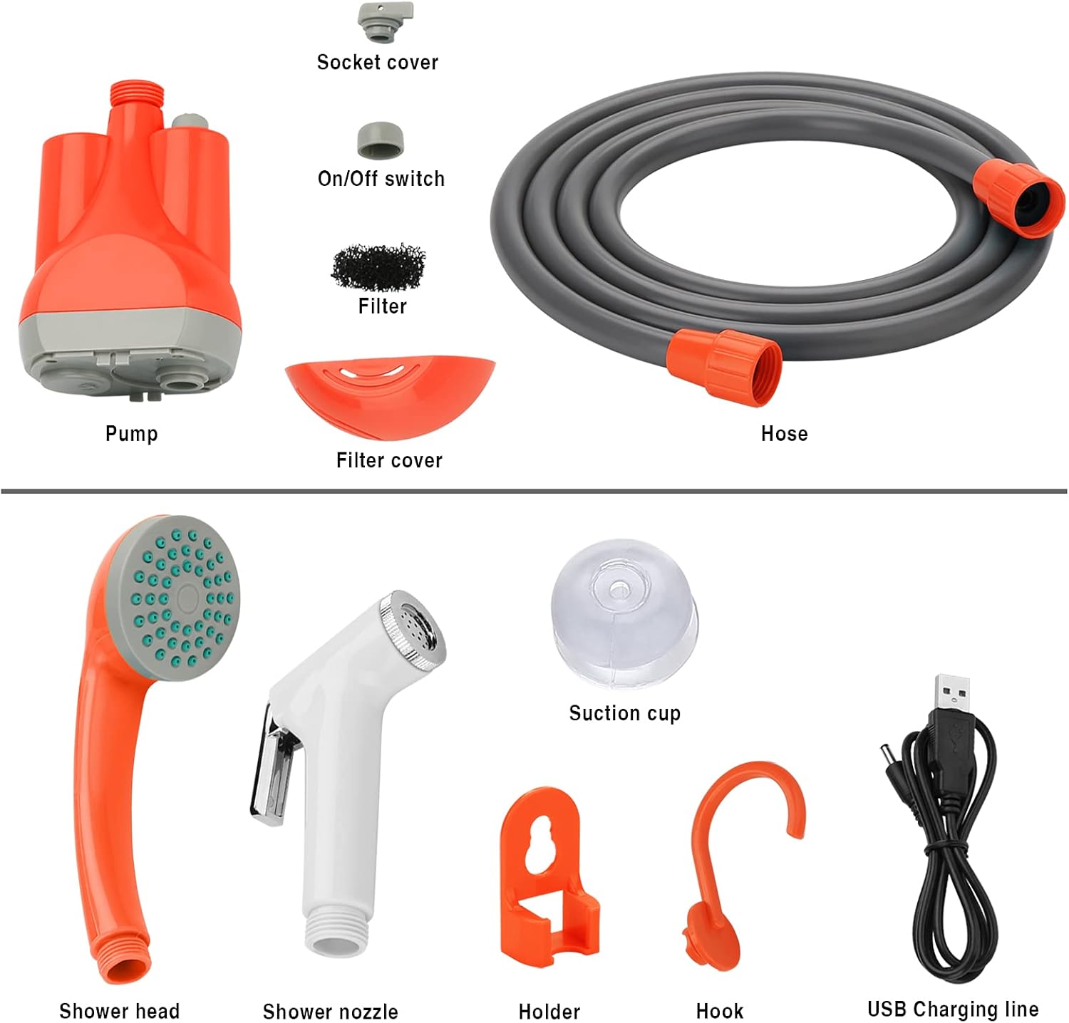 WADEO Portable Shower Camping Shower Outdoor Camp Shower Pump, Electric Rechargeable Portable Camping Shower, Powered by Rechargeable Battery for Camping, Hiking, Traveling