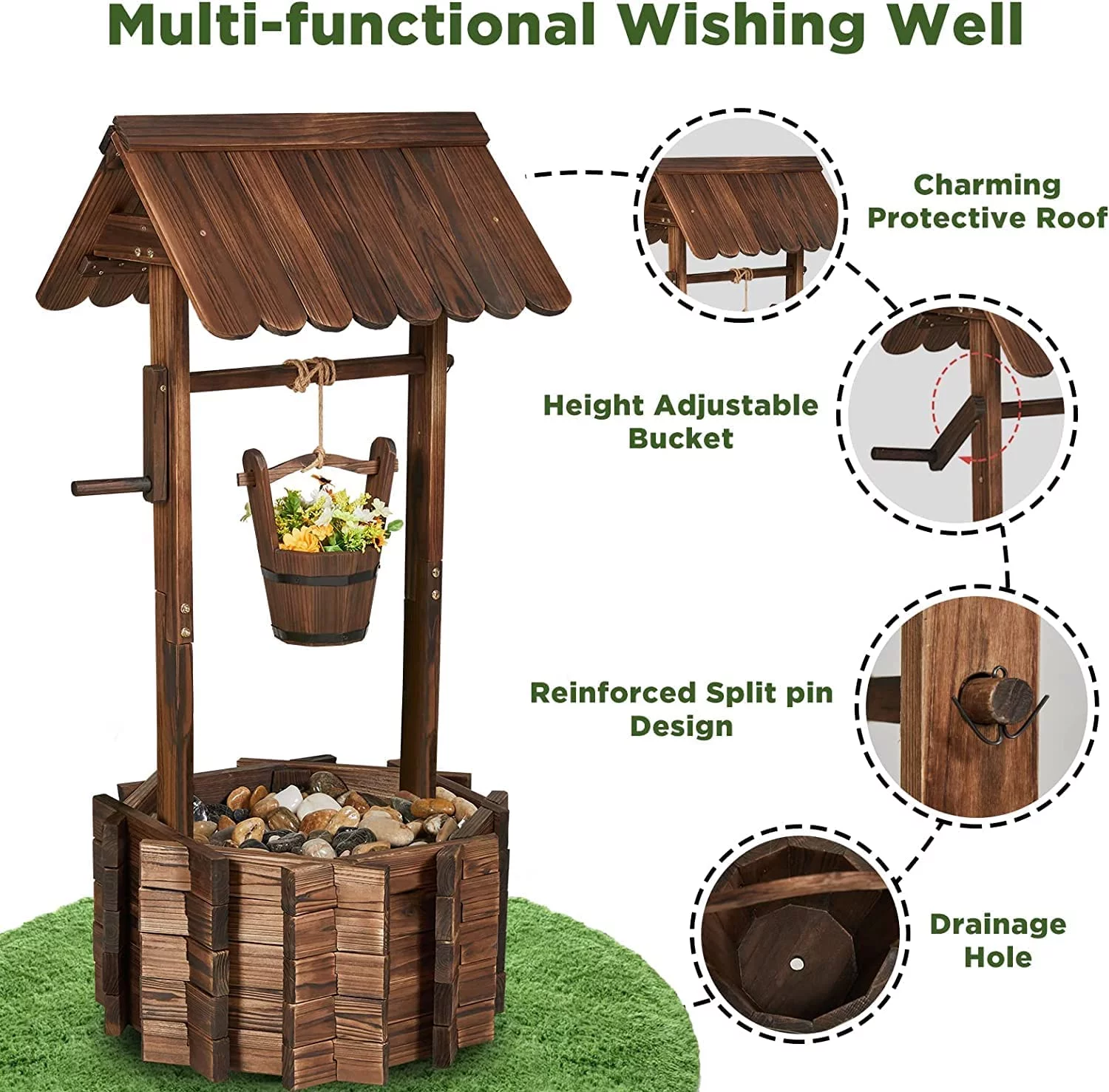 AMERLIFE Wooden Wishing Well - Height Adjustable Hanging Bucket, Planter with 4 Reinforced Rod