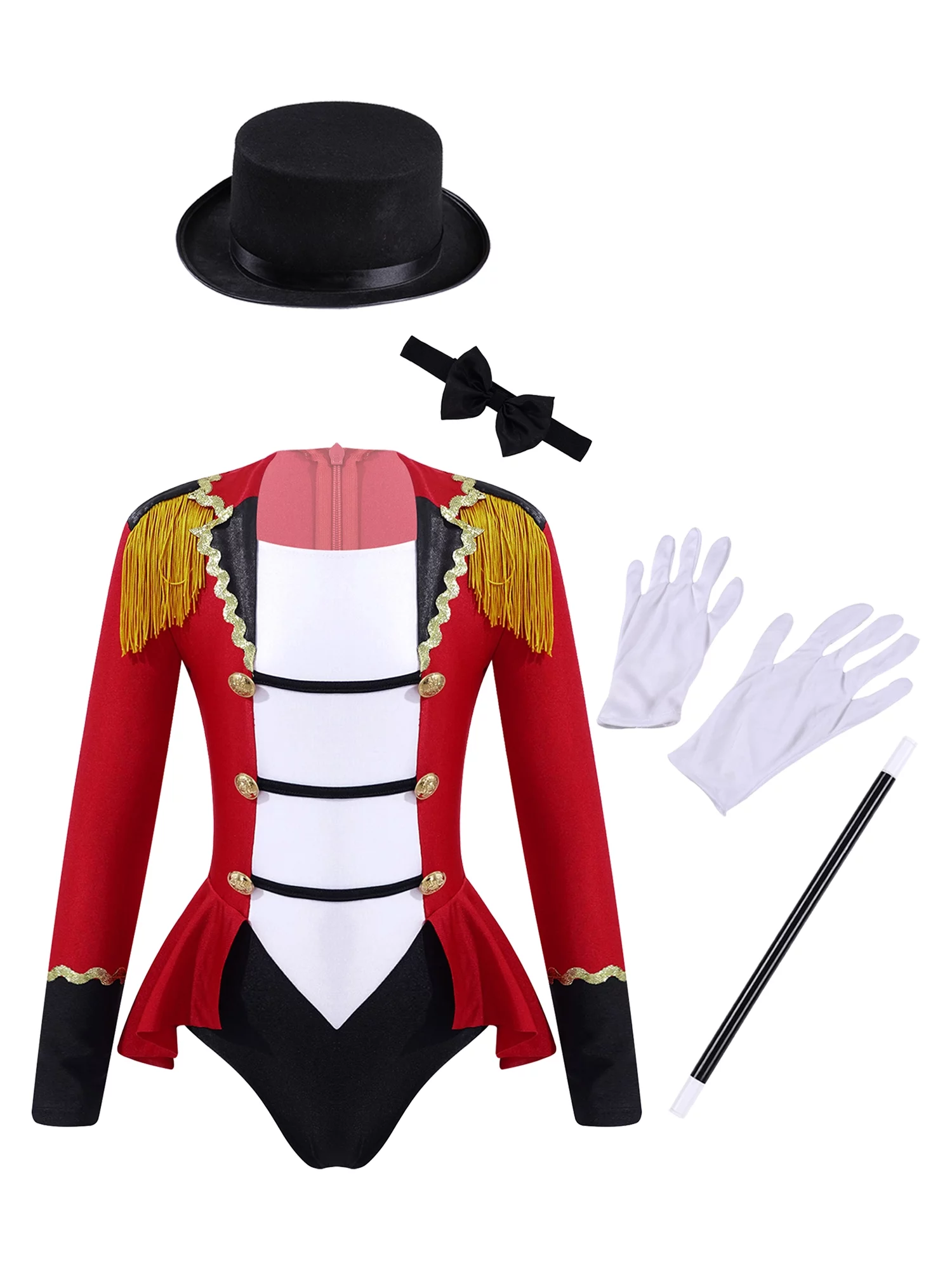 TiaoBug KIds Girls Ringmaster Circus Costume Long Sleeve Tassel Tailcoat Leotard Bodysuit with Bow Tie Hat Magic Wand Gloves Red 10 - Curated Treasures Market
