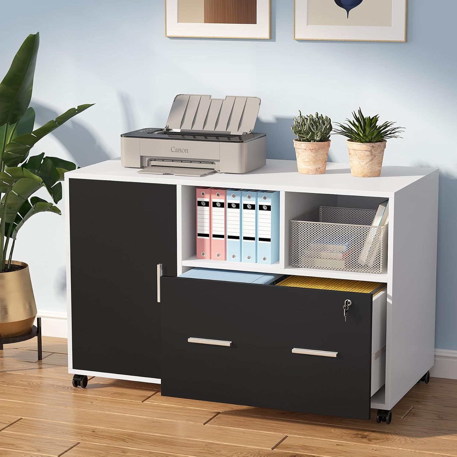 File Cabinet with Lock and Drawer, Mobile Lateral Filing Cabinet with Storage Shelves, Mobile Printer Stand with Rolling Wheels for Home Office, Black&White