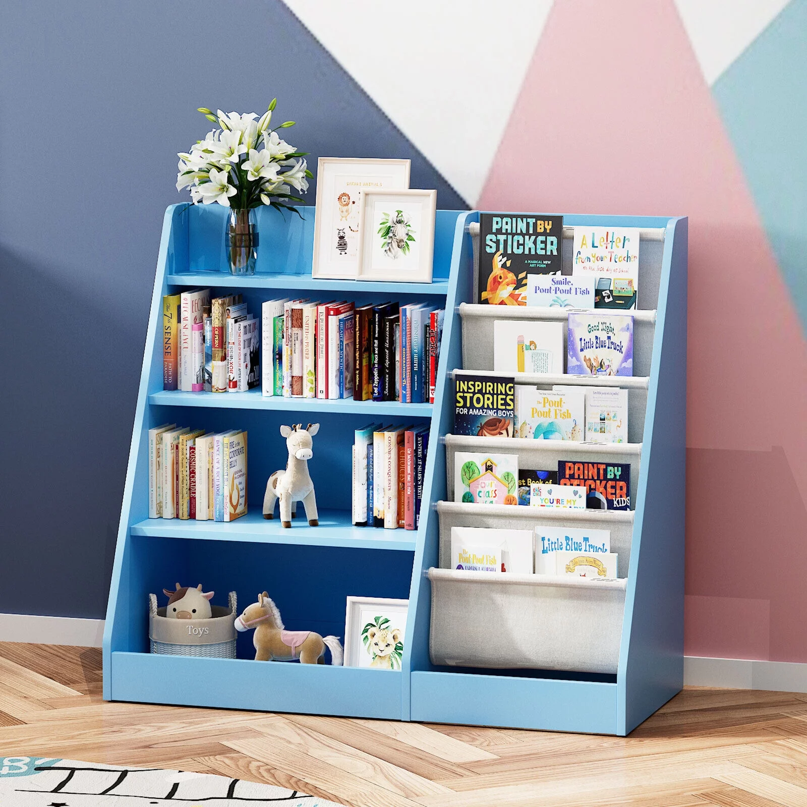 Kids Wooden Bookshelf,5-Layer Sling Bookcase,Storage Display Rack Toy Organizer Cabinet,for Kids Toddlers,Bedroom,Nursery,Blue
