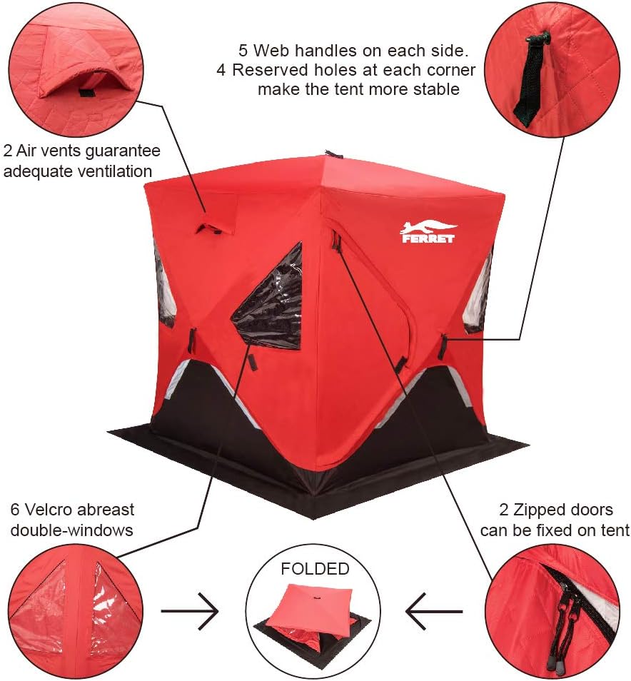 FERRET 1-2 Person 58X58X66 Waterproof Pop-up Portable Ice Shelter Tent Ice Shelter Fishing Tent with Carrier Bag, Red