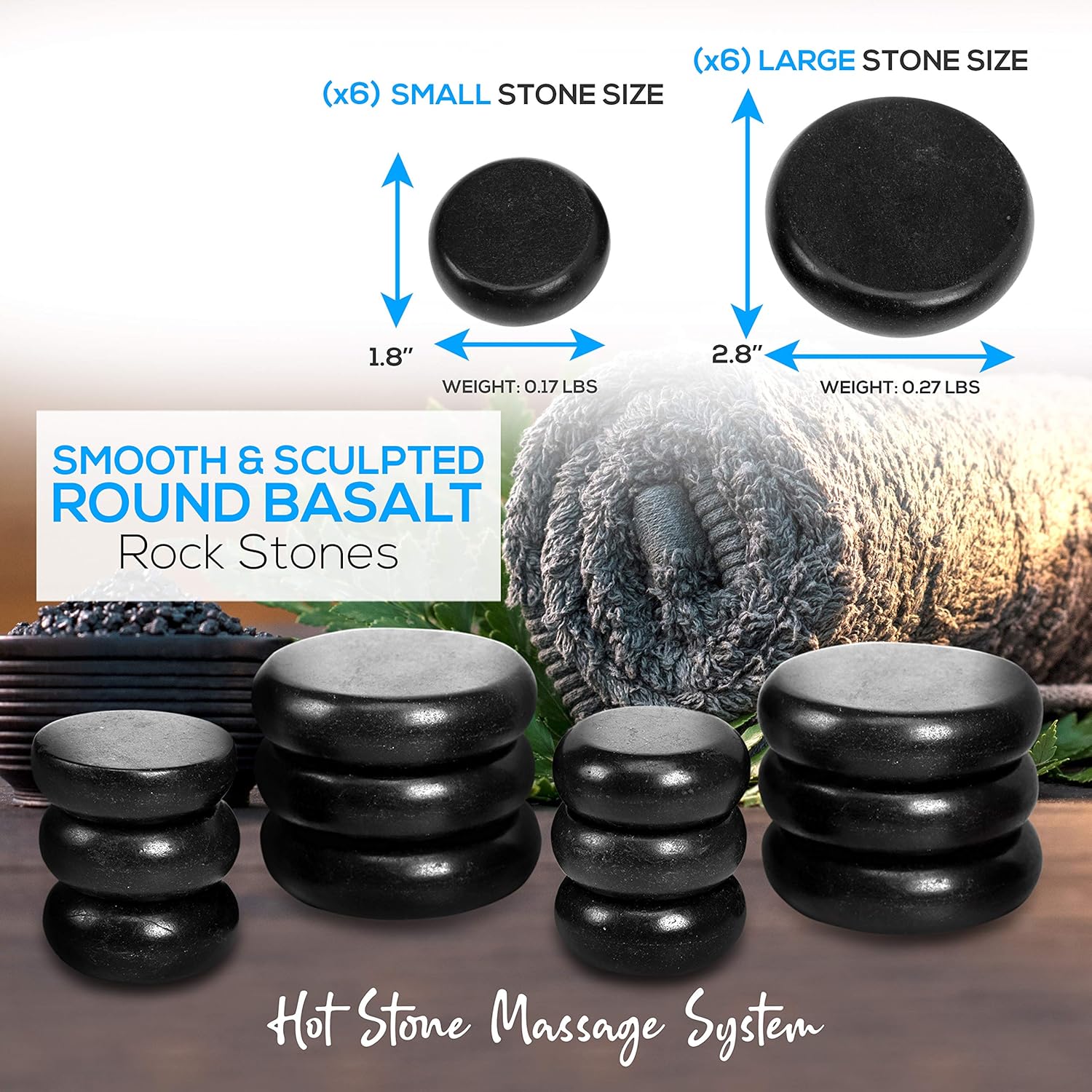 Massage Stone Heater Box Set-Electric Spa Portable Heated Rocks Massage Stones and Warmer Set - Heat Rock Massaging Kit 12 Large/Small Black Stone Set w/Bamboo Heating Case-SereneLife PSLMSGST65.5