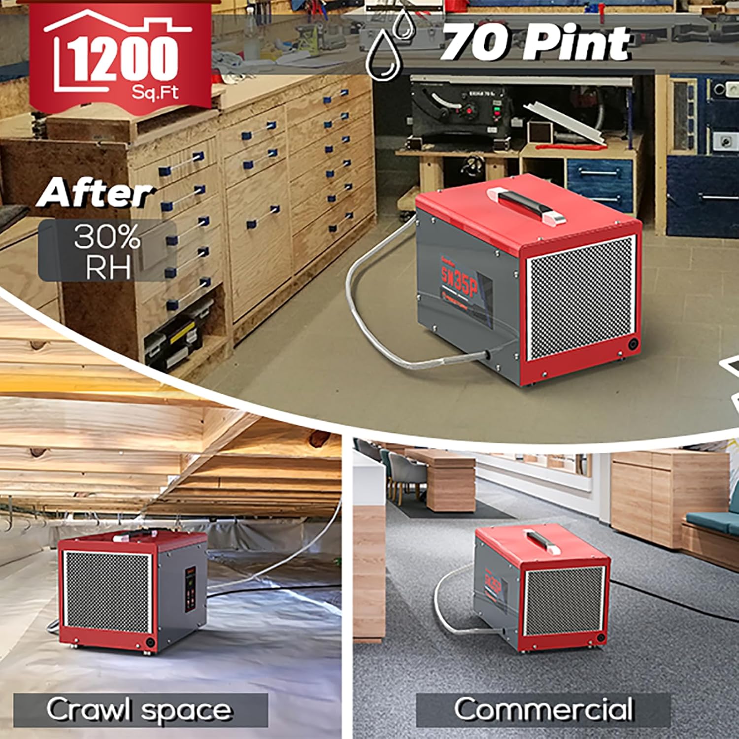 Abestorm Crawl Space Dehumidifiers with Pump and Hose, 70 PPD Energy Star Compact Portable Commercial Dehumidifier Up to 1,000 sq. ft. Auto Defrost, Memory Starting Crawlspace dehumidifiers
