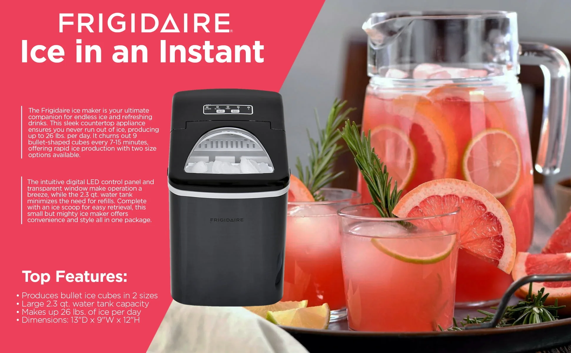 Frigidaire 26 lb. Countertop Ice Maker (Ice Nuggets) EFIC117-SS, Black Stainless Steel