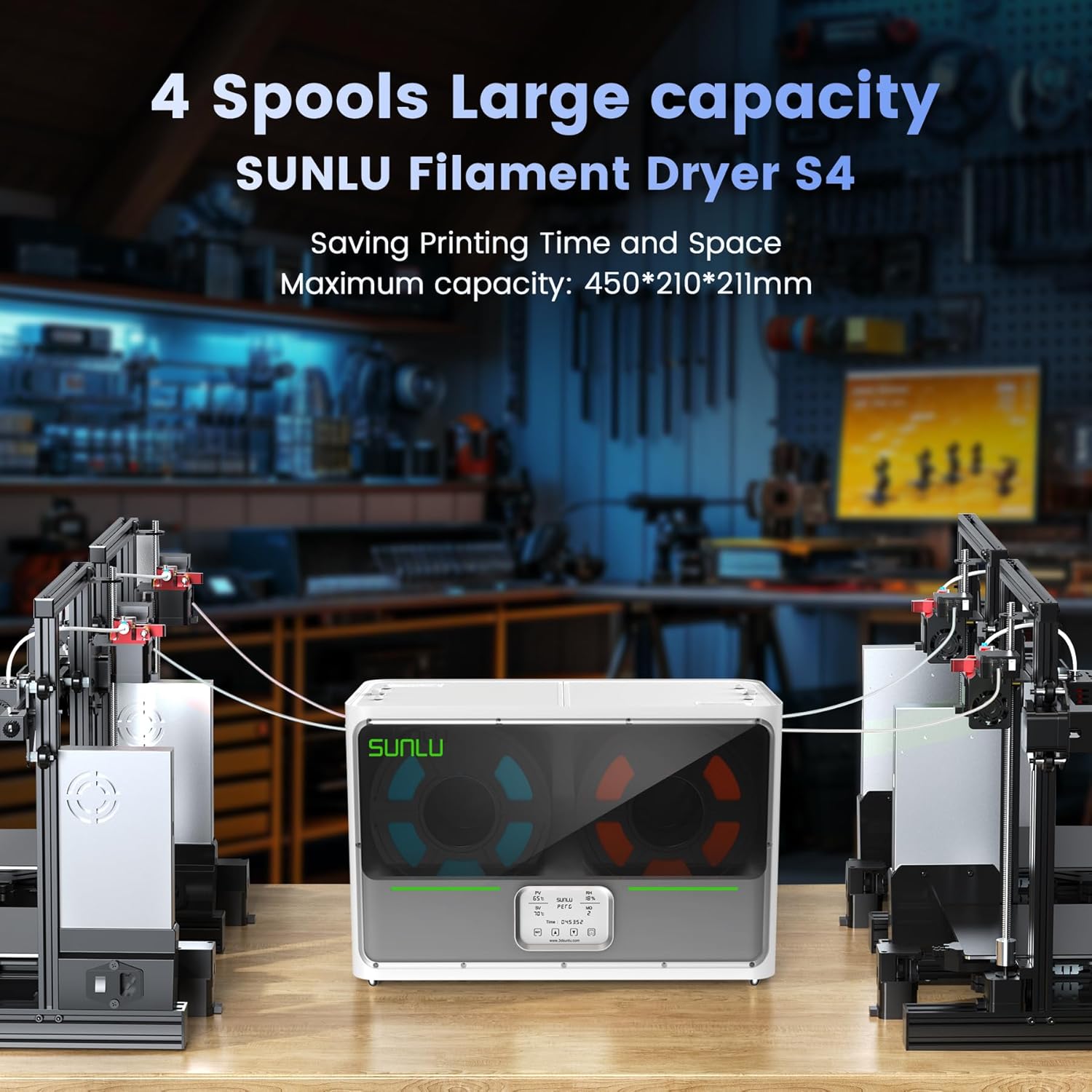 SUNLU S4 Filament Dryer Box for 3D Printer, FilaDryer with Large Space for 4 spools, Upgraded with Triple Fans, Auto Humidity Control, 350W PTC Faster Heating, Filament Storage (White)