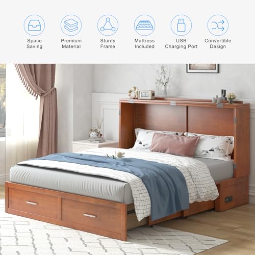 PUREMIND Queen Murphy Bed Cabinet with 2 Storage Drawers, Hideaway Murphy Chest Bed with Mattress, Cabinet Beds Wallbed with USB Charging Station for Bedroom, Guest Room