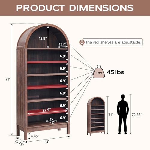 71" Tall Arched Bookshelf, 7 Tiers Arch Bookcase with Storage, Modern Farmhouse Book Shelf with Adjustable Shelves, Wood Bookshelf w/Open Display Shelves for Living Room, Office (Natural)